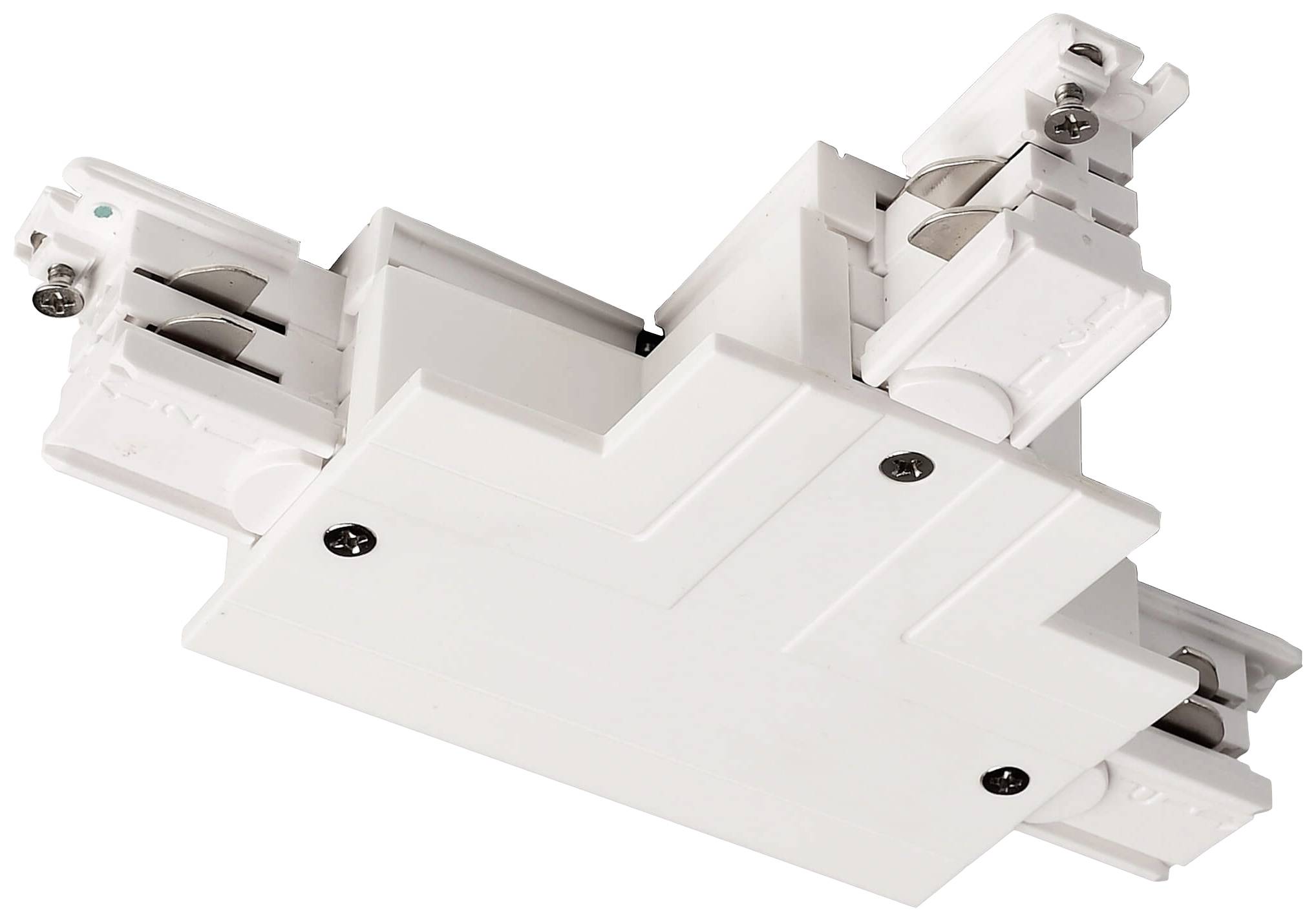 Biały, L-kształtny adapter do systemu szynowego stosowany w urządzeniach oświetleniowych.