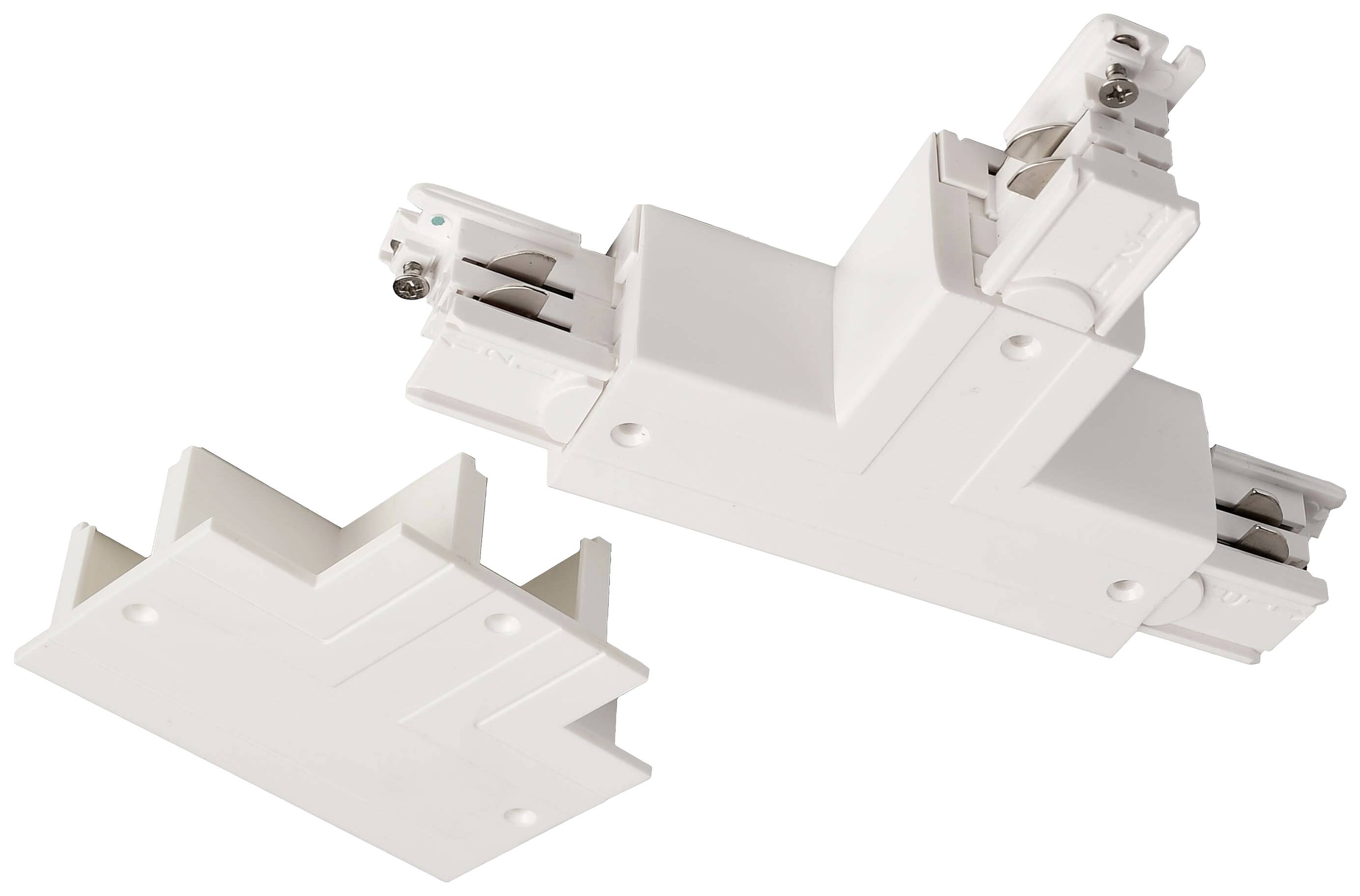 Białe, prostokątne złącza, które połączone razem tworzą kształt litery T, na białym tle. Odpowiednie do systemów oświetleniowych.