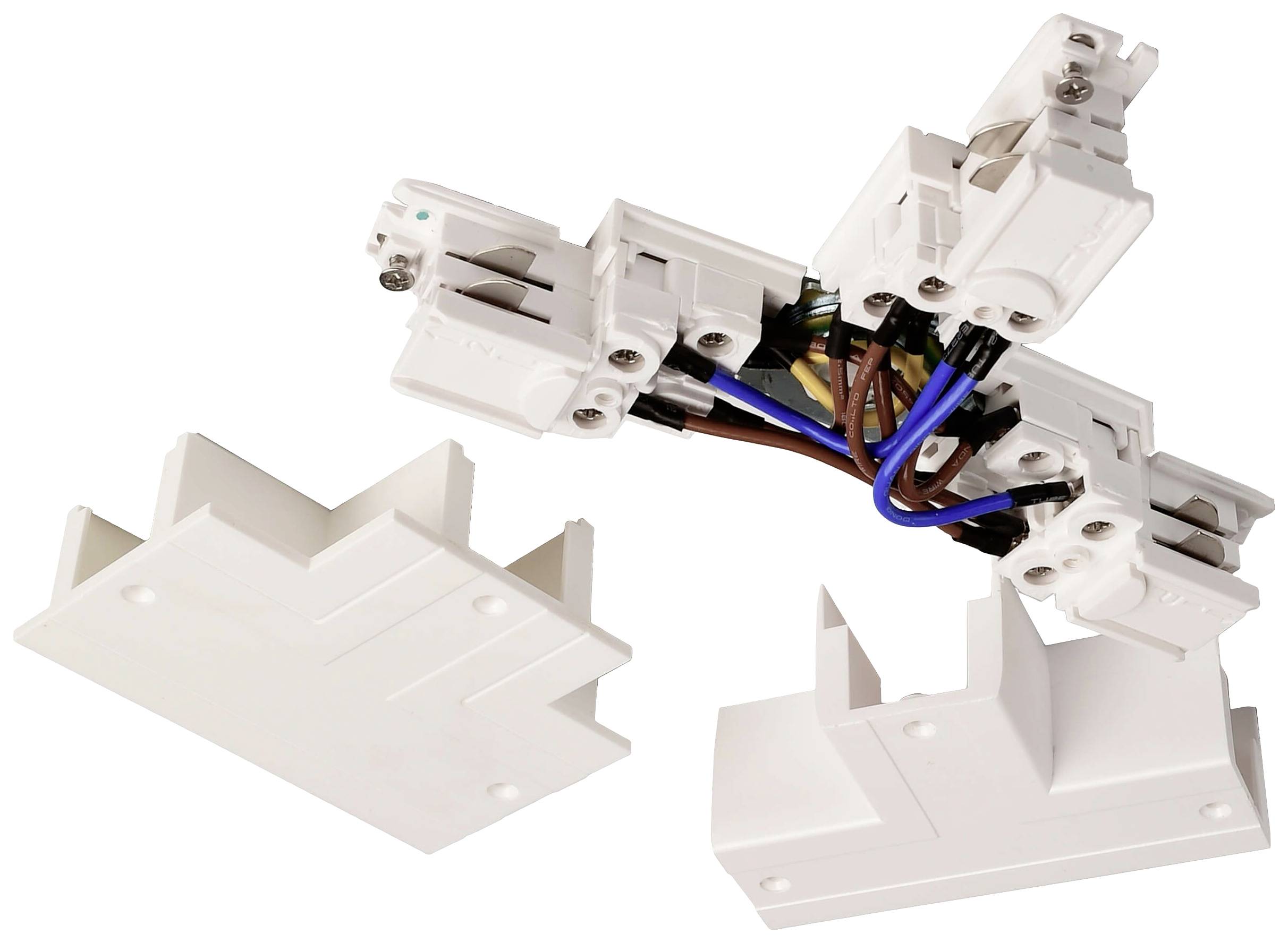 Element rozgałęziający dla elektrycznego systemu szynowego, łączący białe zaciski i kolorowe przewody w celu umożliwienia dystrybucji prądu.