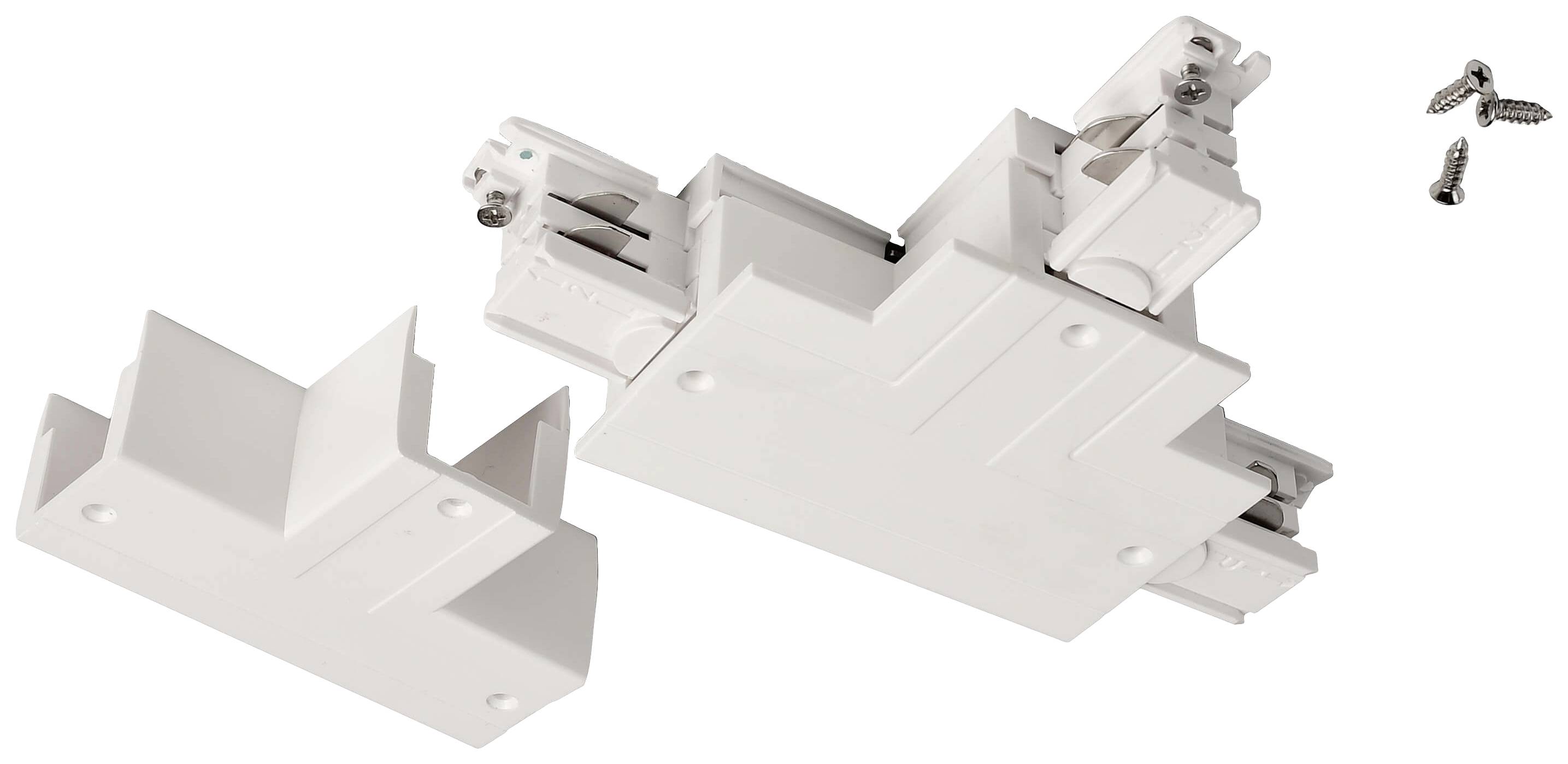 Łącznik do systemu szynowego, biały, w kształcie litery L, z wkrętami do montażu. Odpowiedni do łączenia dwóch odcinków tras.