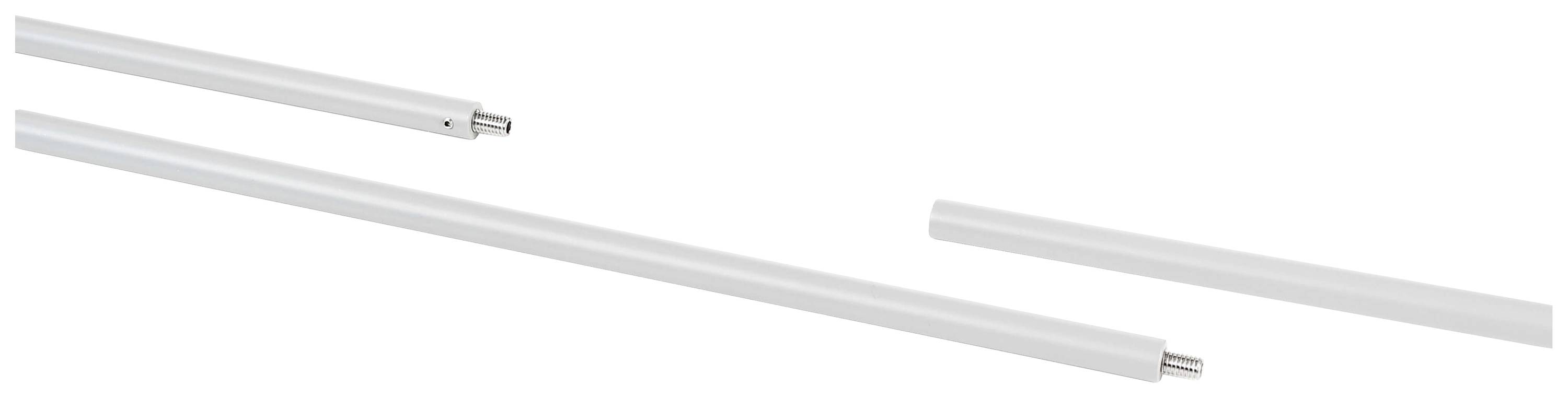 Trzy białe rury zastępcze ułożone obok siebie, każda z metalowymi końcówkami, na białym tle.