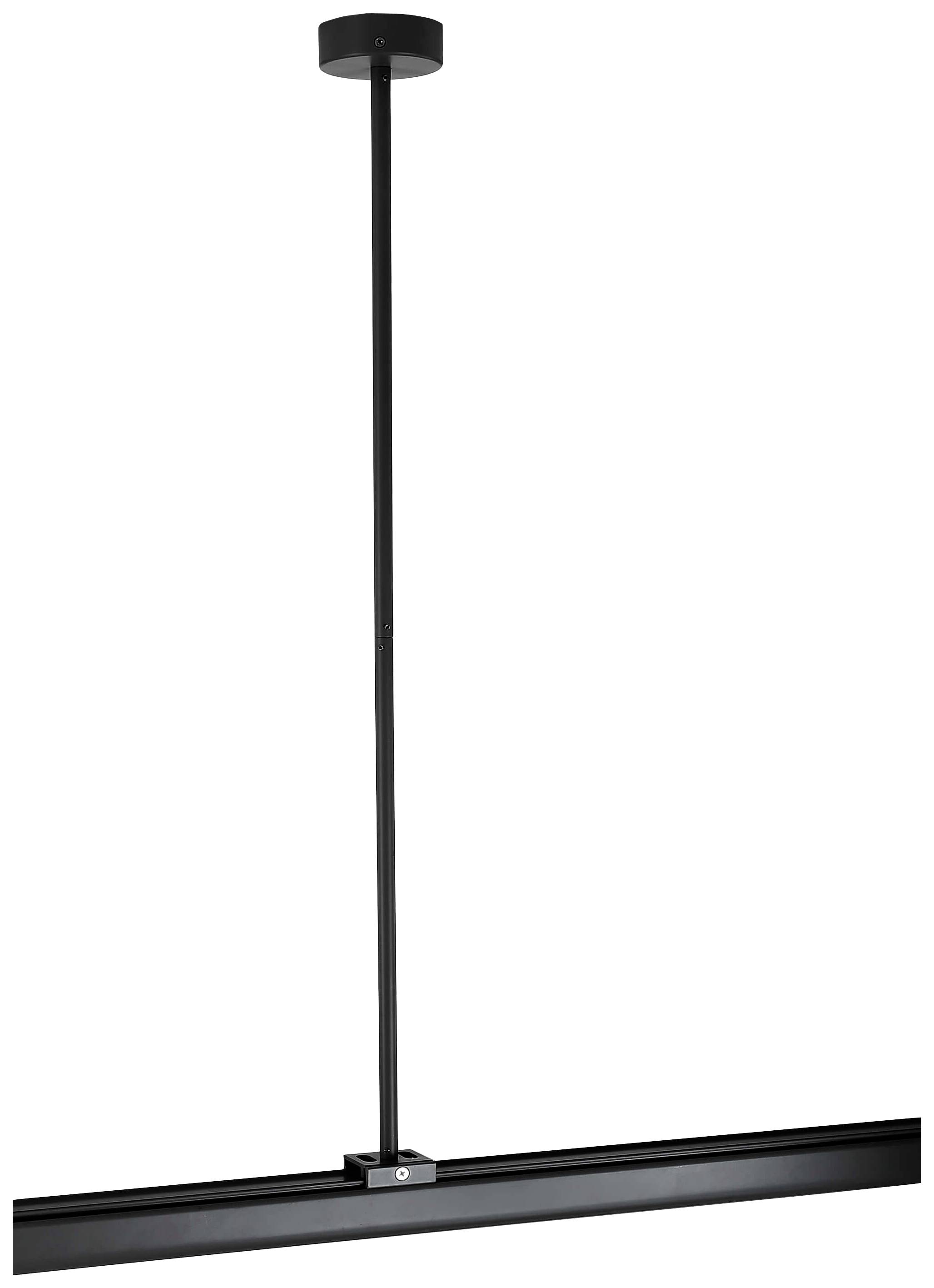 Minimalistyczna, czarna lampa wisząca z długim ramieniem i prostokątnym kloszem, o czystym designie do nowoczesnych wnętrz.