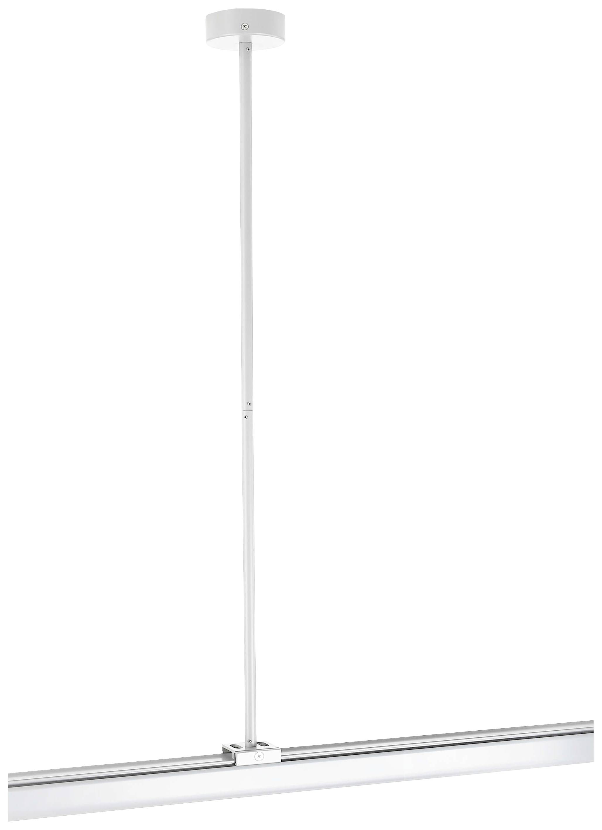 Biała, minimalistyczna lampa wisząca o liniowym designie z cylindrycznym mocowaniem sufitowym. Idealna do nowoczesnych wnętrz.