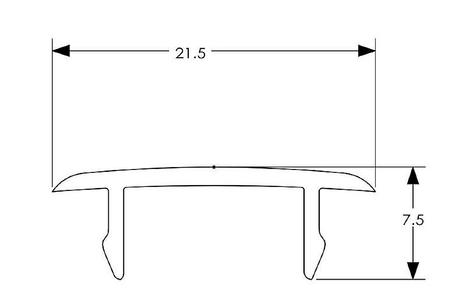 Przekrój poprzeczny profilu o szerokości poziomej wynoszącej 21,5 jednostek i wysokości pionowej 7,5 jednostek.