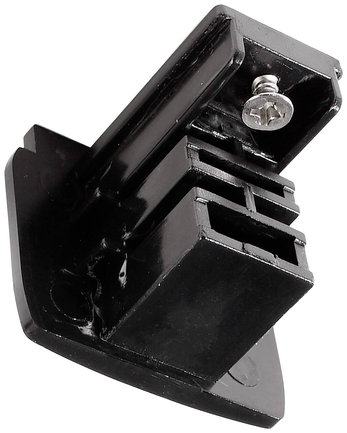 Czarny plastikowy element łączący w kształcie kątownika z widoczną śrubą zamocowaną u góry, przeznaczony do łączenia elementów konstrukcyjnych.