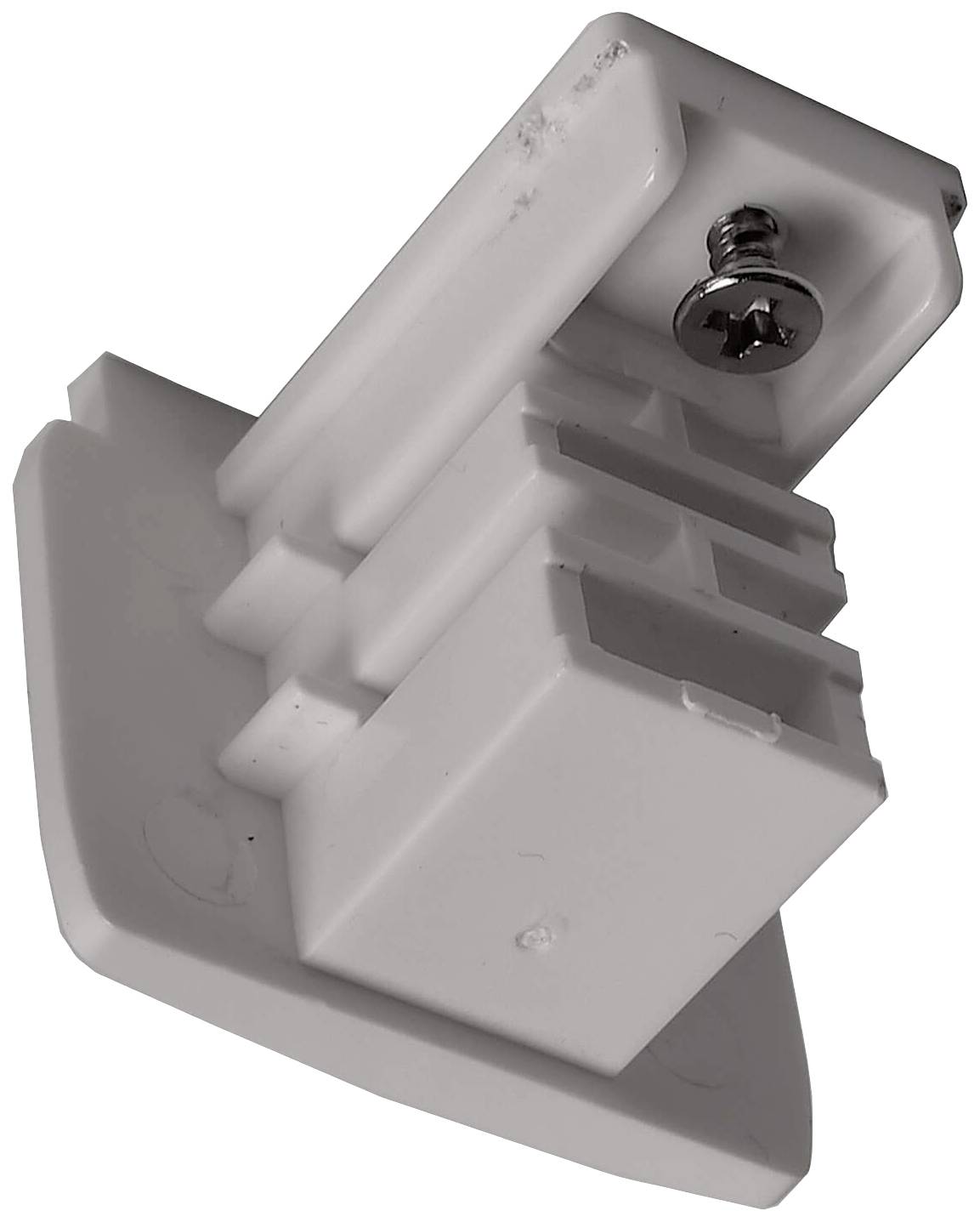 Biała plastikowa podstawa mocująca z wkrętem, prawdopodobnie do półek lub mebli. Prostokątny kształt z wieloma otworami.