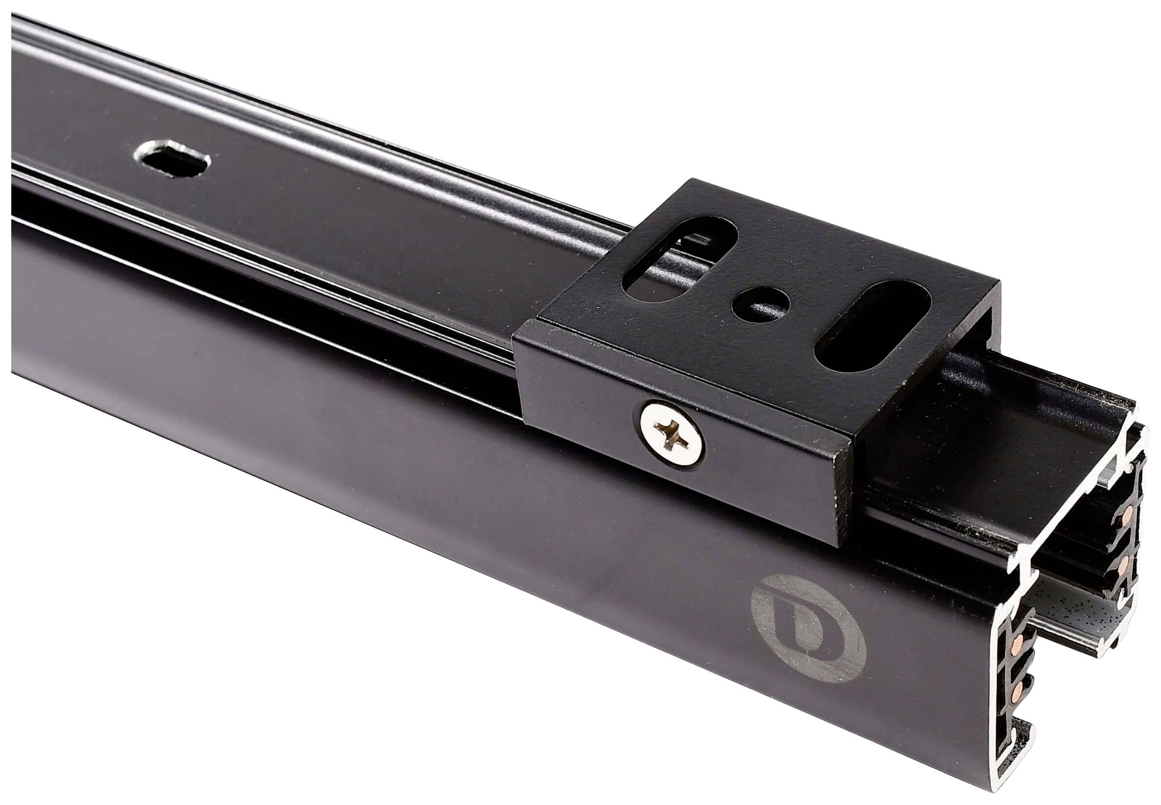 Czarny metalowy prowadnik liniowy z ruchomą platformą, zamocowany śrubą, widok szczegółowy.