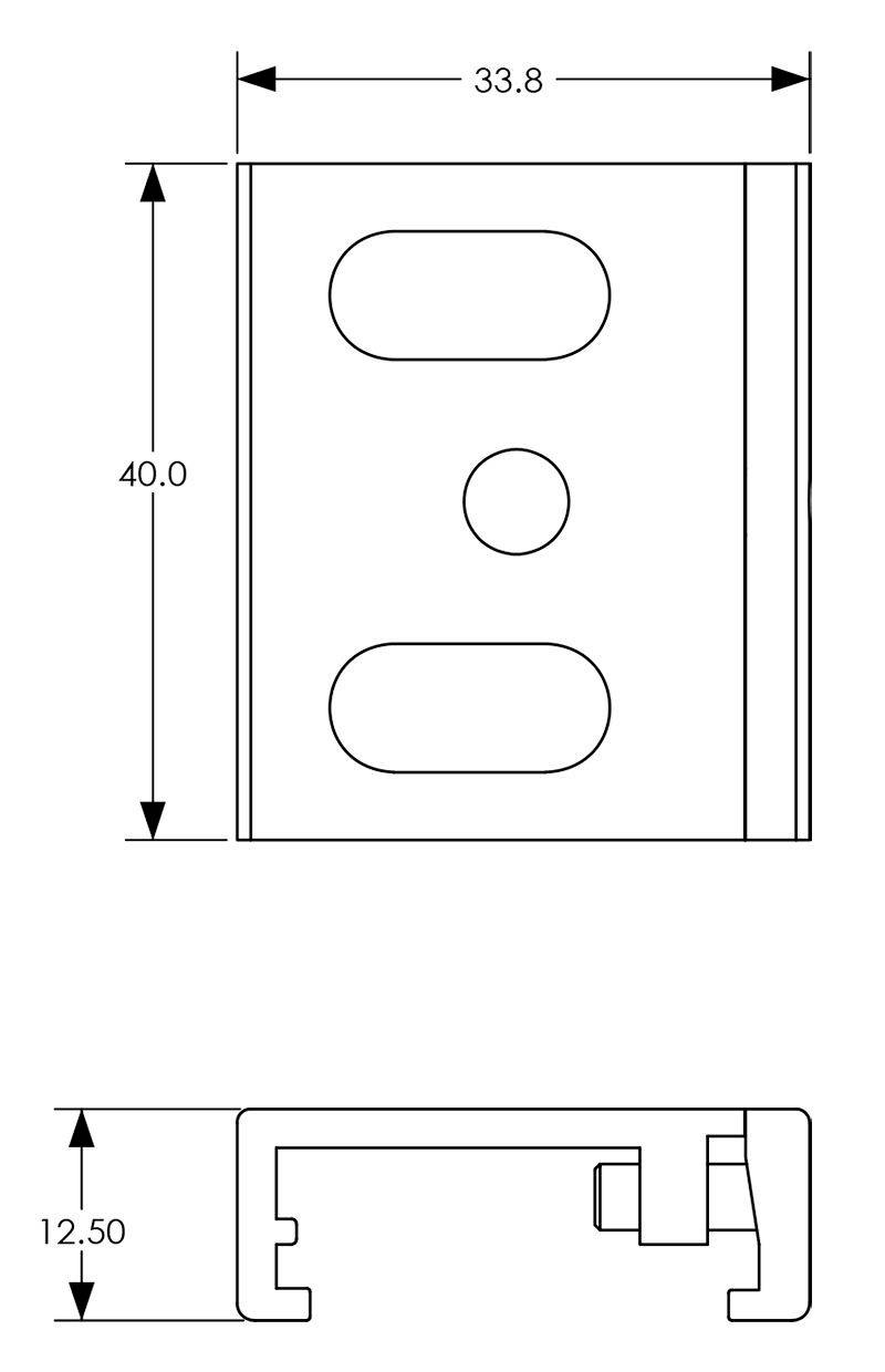 Rysunek techniczny prostokąta o wymiarach 33,8 x 40,0 mm. Przedstawia szczeliny i krawędź o profilu 12,50 mm.