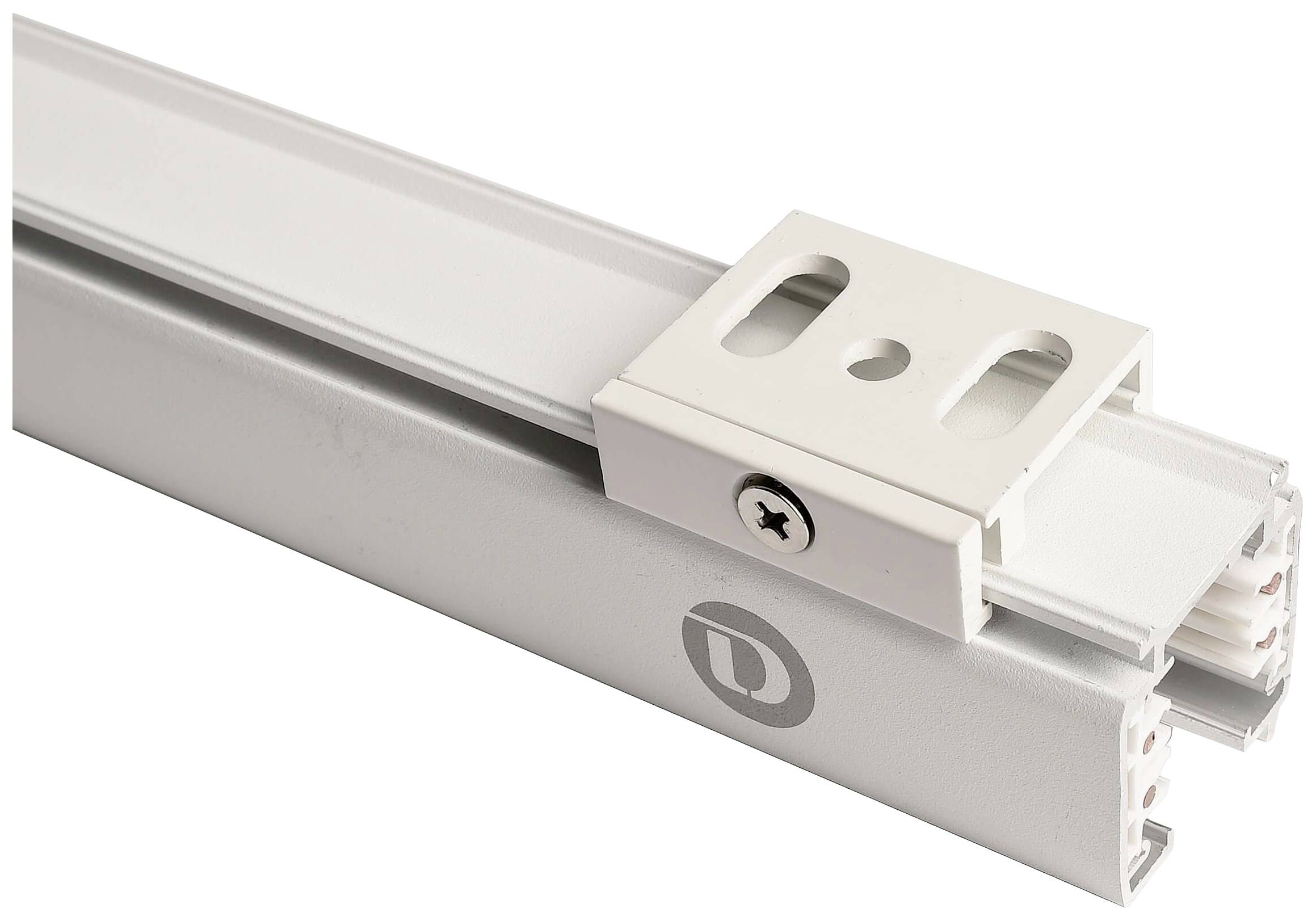 Srebrny metalowy element szynowy z białym, regulowanym uchwytem, służący do mocowania struktur.