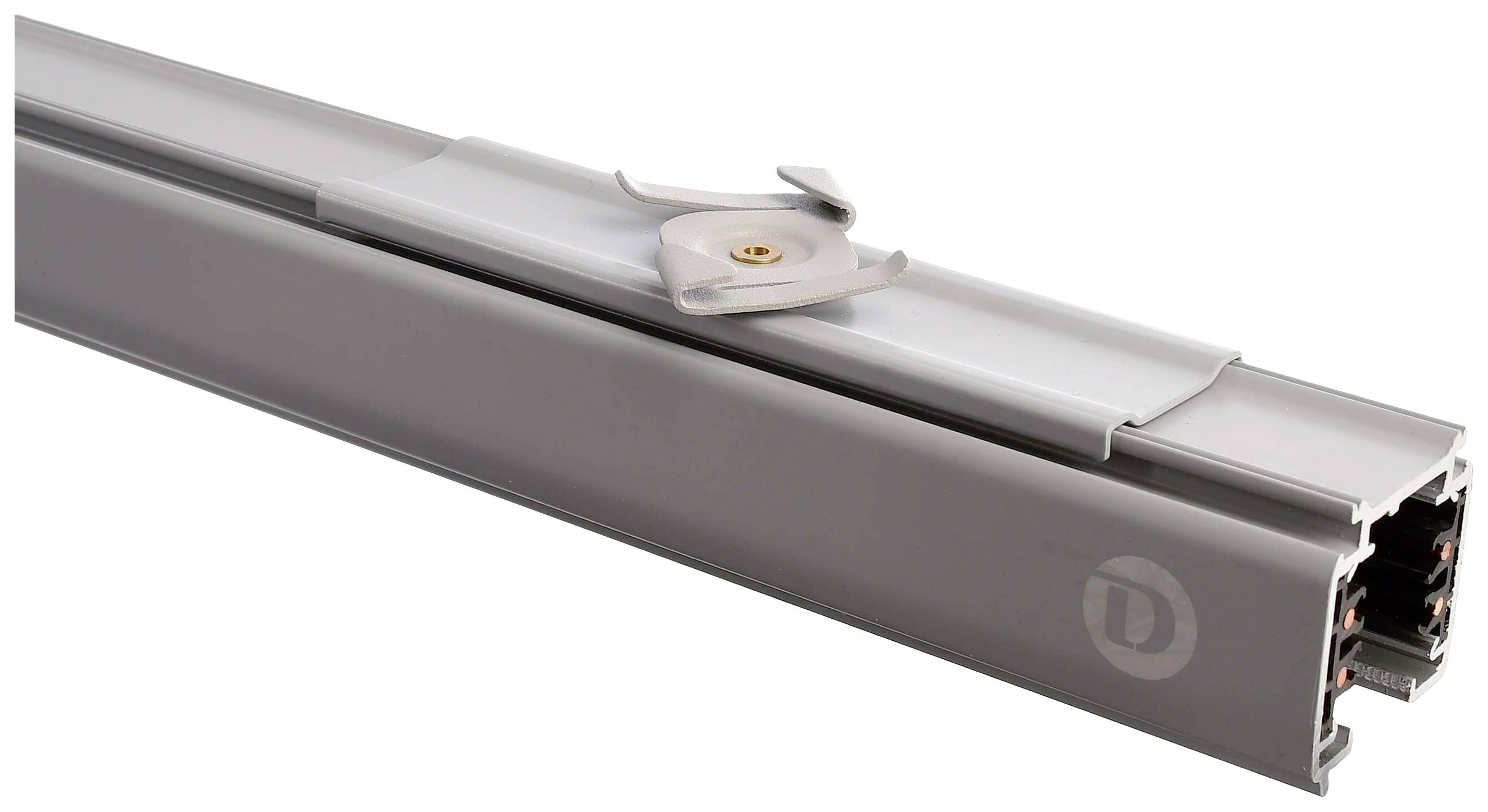 Szary profil ramy drzwiowej z przesuwką i śrubą na górze, prezentuje szczegół systemu szynowego lub prowadnicy.