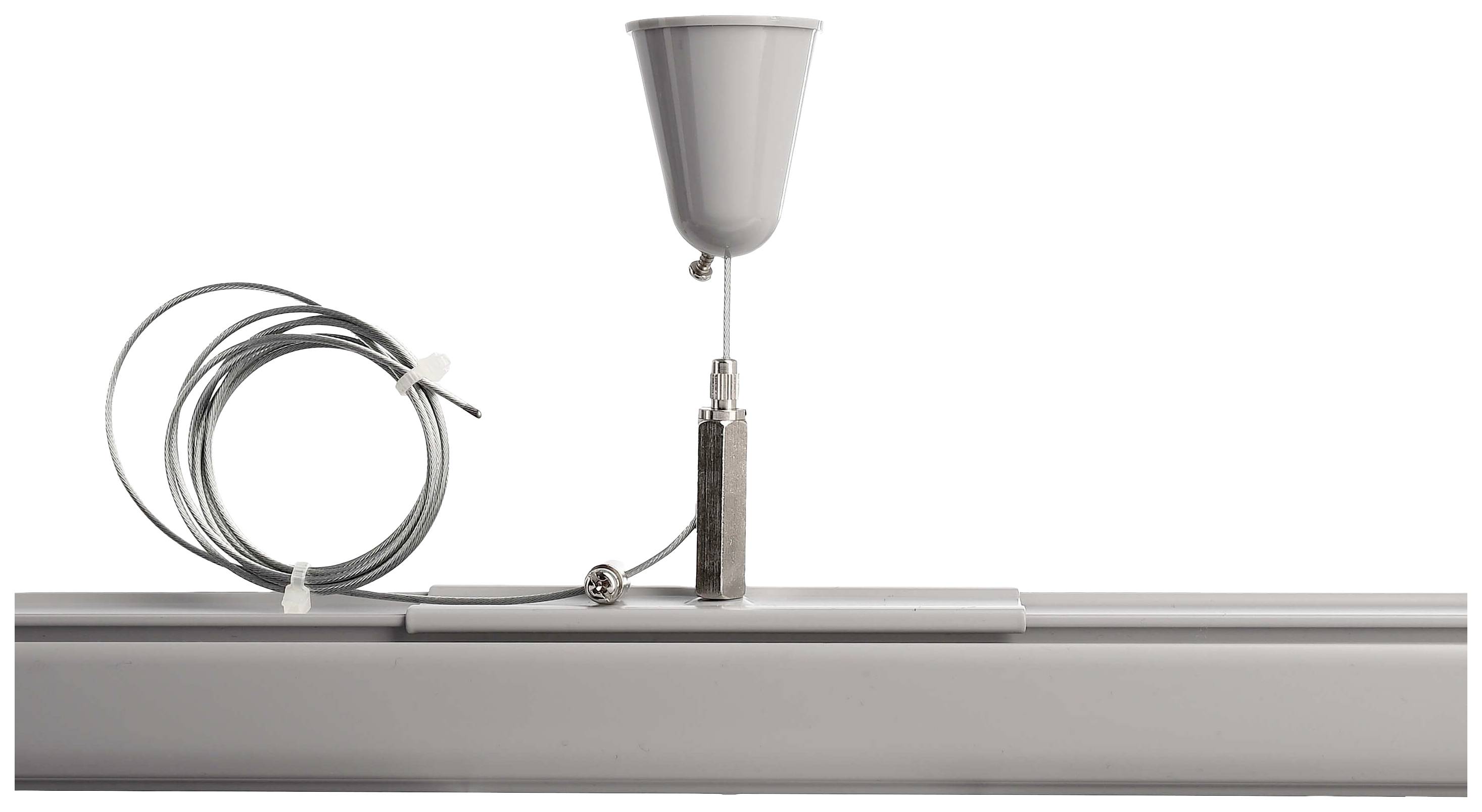 Szary adapter zawieszeniowy do oświetlenia szynowego z przewodem i elementami mocującymi. Idealny do elastycznego pozycjonowania opraw oświetleniowych.