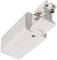 Biały elektryczny złącz przewodowy z jedną śrubą mocującą. Stosowany w systemach oświetleniowych na szynach sufitowych.