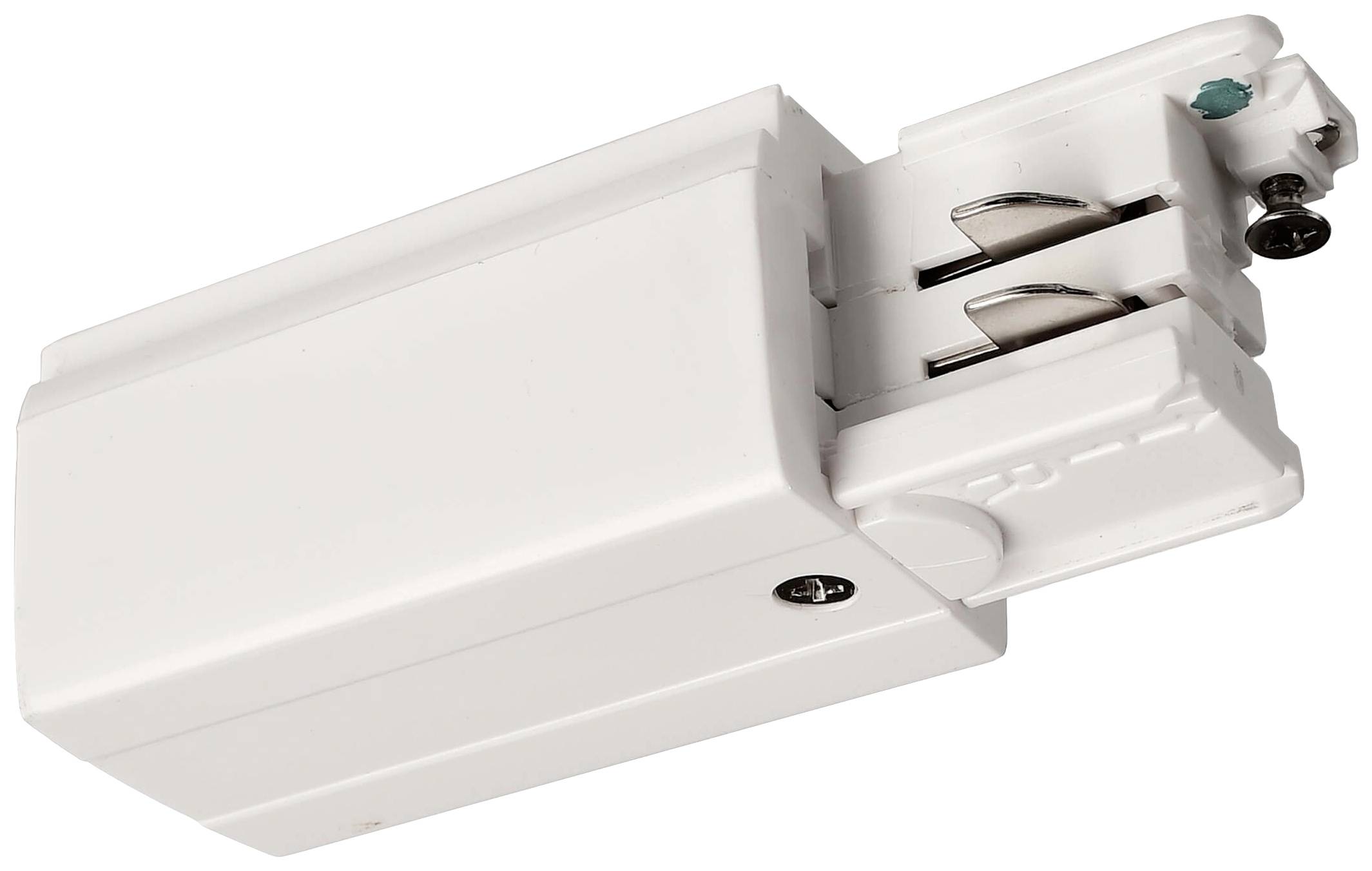 Biały elektryczny adapter z mechanizmem przesuwnym, odpowiedni do systemów szyn świetlnych.