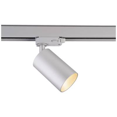 Srebrna lampa szynowa z obudową w kształcie cylindra, zamontowana na suficie, emitująca ciepłe światło.