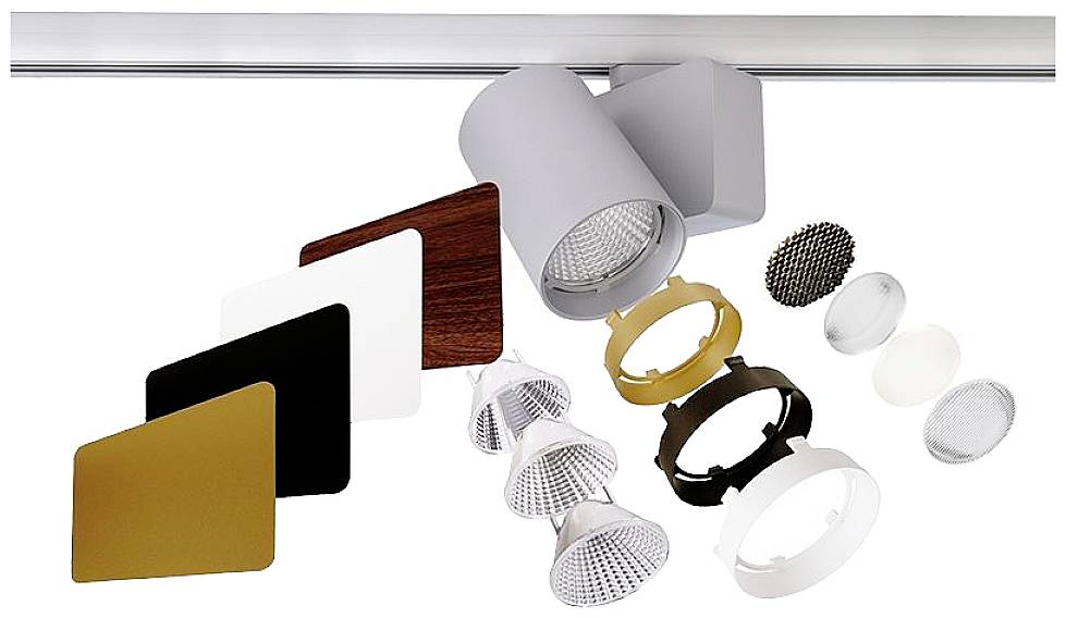 Kilka modeli lamp LED, różne opcje wykończenia powierzchni oraz akcesoria do indywidualnego dostosowania aranżacji świetlnej.