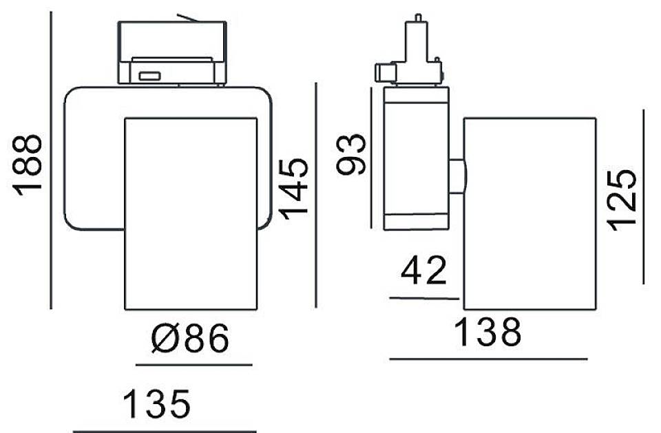 Rysunek techniczny baterii łazienkowej z oznaczeniami wysokości i szerokości: wysokość po lewej stronie 188 mm, po prawej 145 mm. Wymiary szerokości: Ø86, 135, 125, 138 mm.