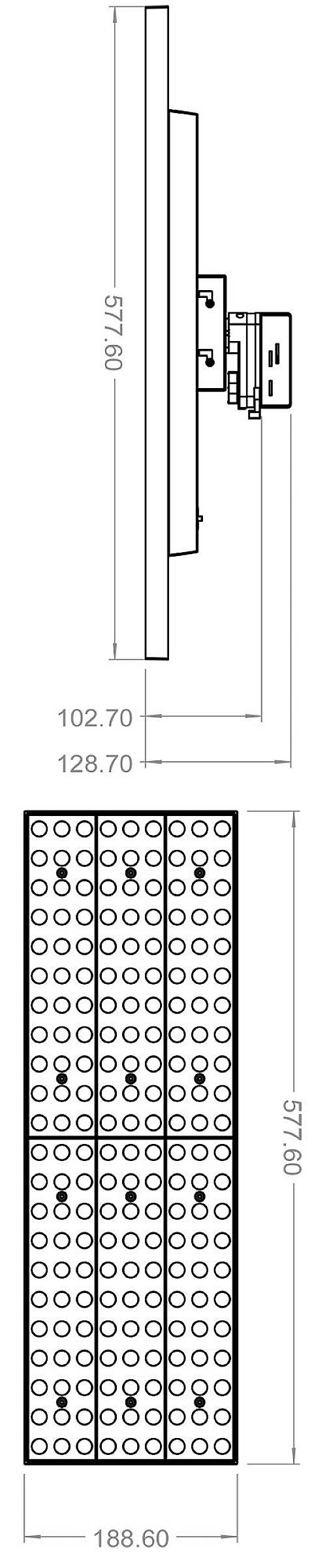 'Rysunek techniczny prostokątnego panelu LED. Widok z boku przedstawia wymiary: 102,70 mm głębokości. Widok z góry: 576 mm długości, 188,60 mm szerokości.'