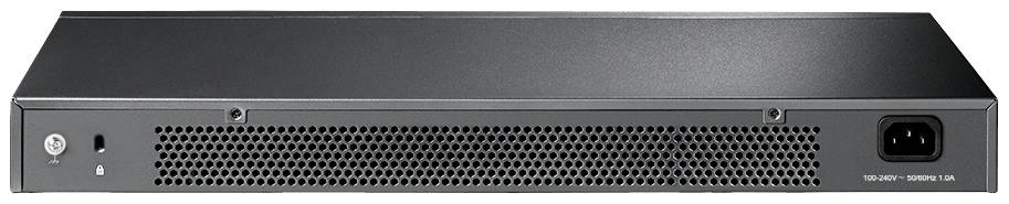 Czarne urządzenie elektroniczne do szafy rack z otworami wentylacyjnymi i gniazdem zasilania po prawej stronie.