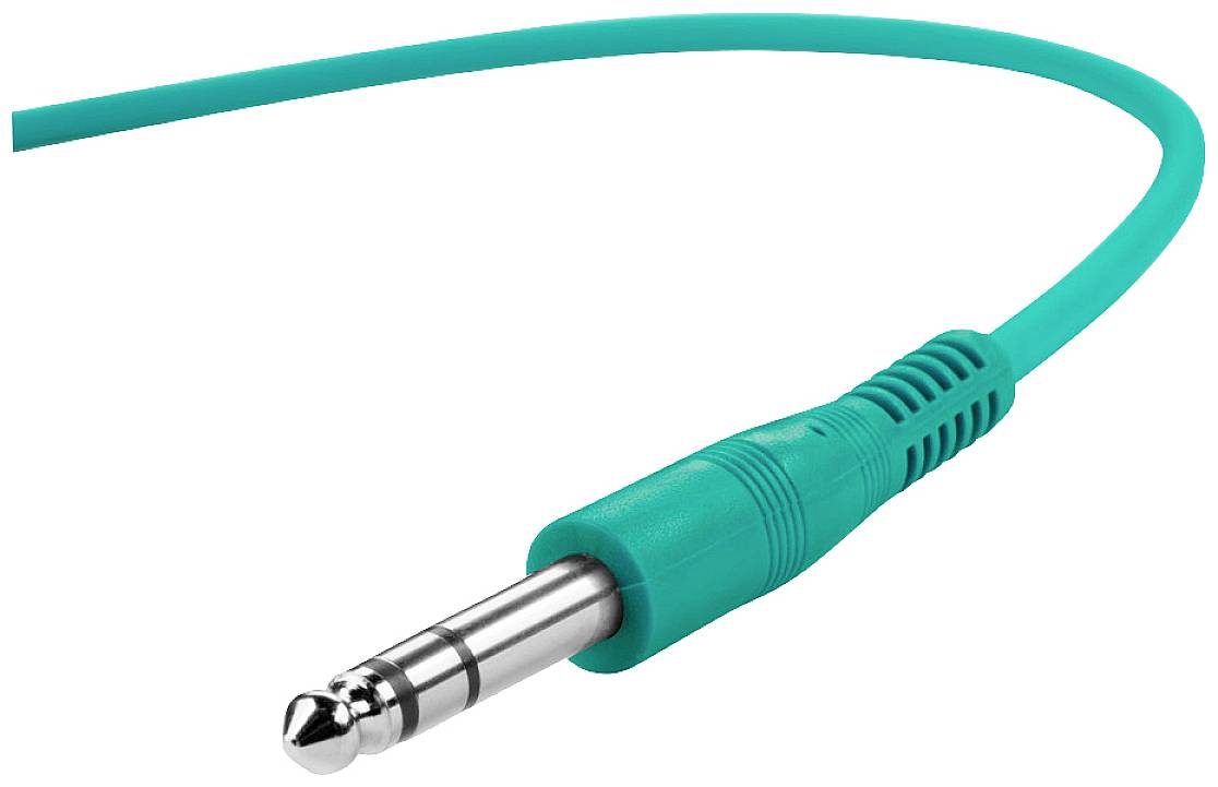 Turkusowy kabel audio z wtykiem jack 6,35 mm, powszechnie stosowany w instrumentach muzycznych i urządzeniach audio.
