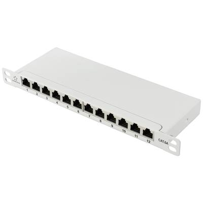 Patch panel z 12 portami RJ45, numerowanymi od 1 do 12, przeznaczony do połączeń kablowych CAT6A.