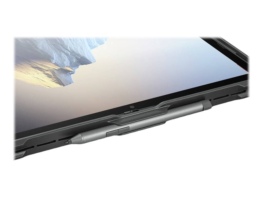 Tablet z uchwytem na rysik, wyświetlający górę na ekranie. Rysik jest zamocowany bezpośrednio poniżej ekranu.