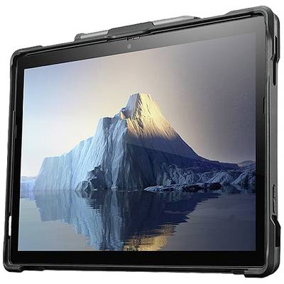 Tablet wyświetla obraz wielkiego górotworu lodowego na spokojnej wodzie podczas zachodu słońca.