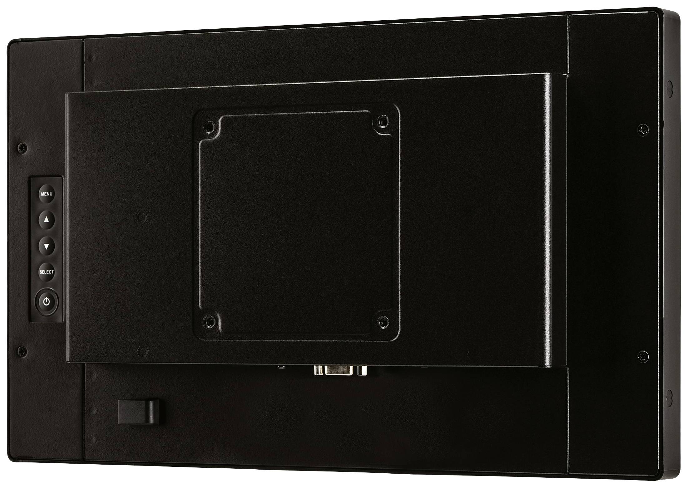 Czarny ekran widziany od tyłu, z przełącznikami po lewej stronie i kwadratowym uchwytem pośrodku.