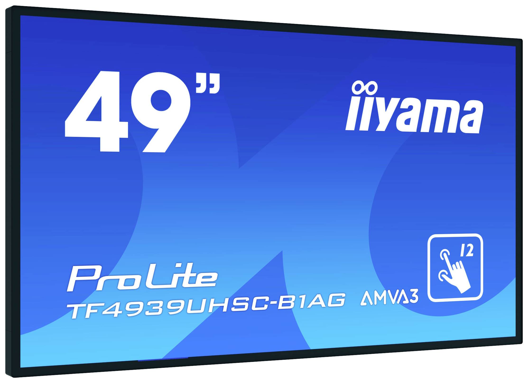Niebieski ekran z napisem '49"' i 'iiyama'. Model: 'ProLite TF4939UHSC-B1AG AMVA3'. Symbol funkcji dotykowej w prawym dolnym rogu.