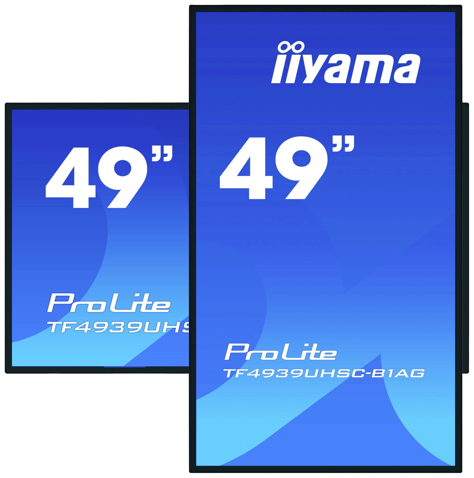 Dwa niebieskie ekrany wyświetlają logo iiyama oraz napis 'ProLite 49" TF4939UHS-B1AG'.