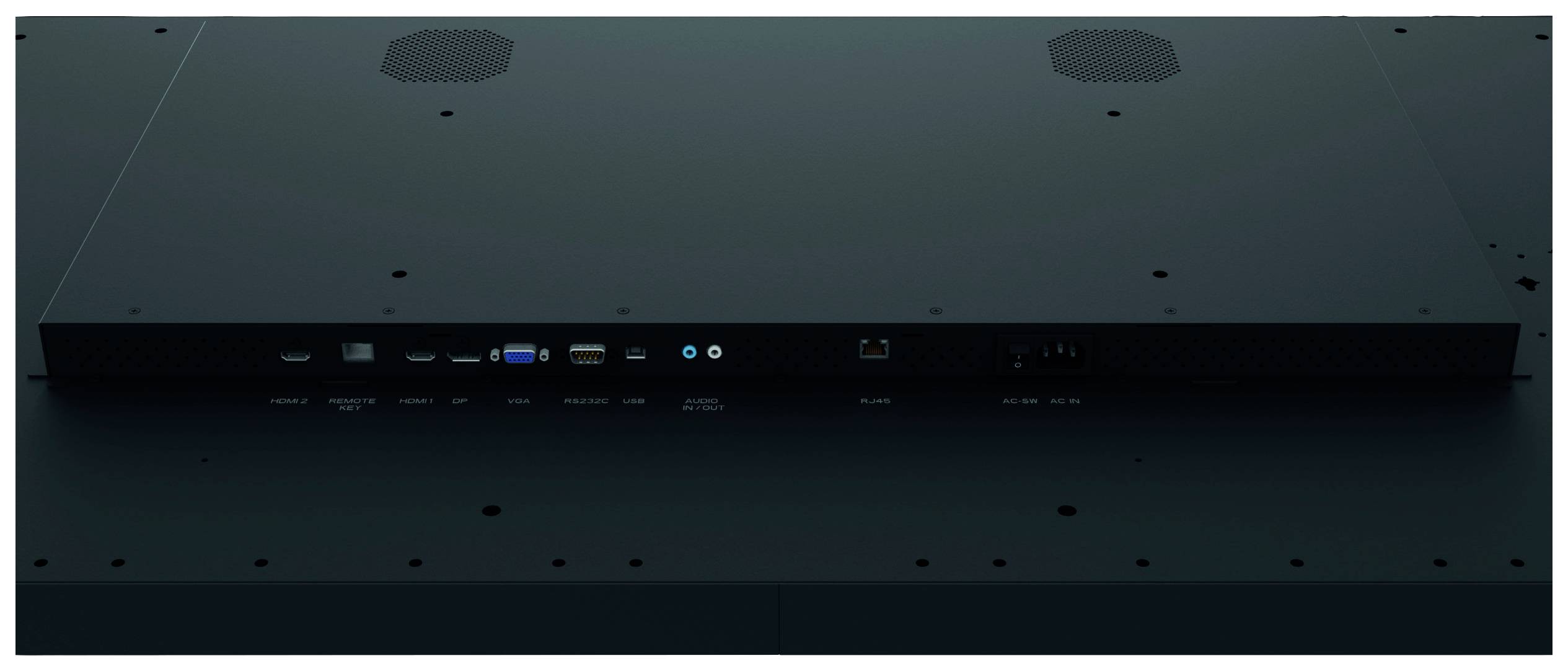 Widok z tyłu urządzenia elektronicznego z różnymi złączami, w tym złączami HDMI, USB i Ethernet.