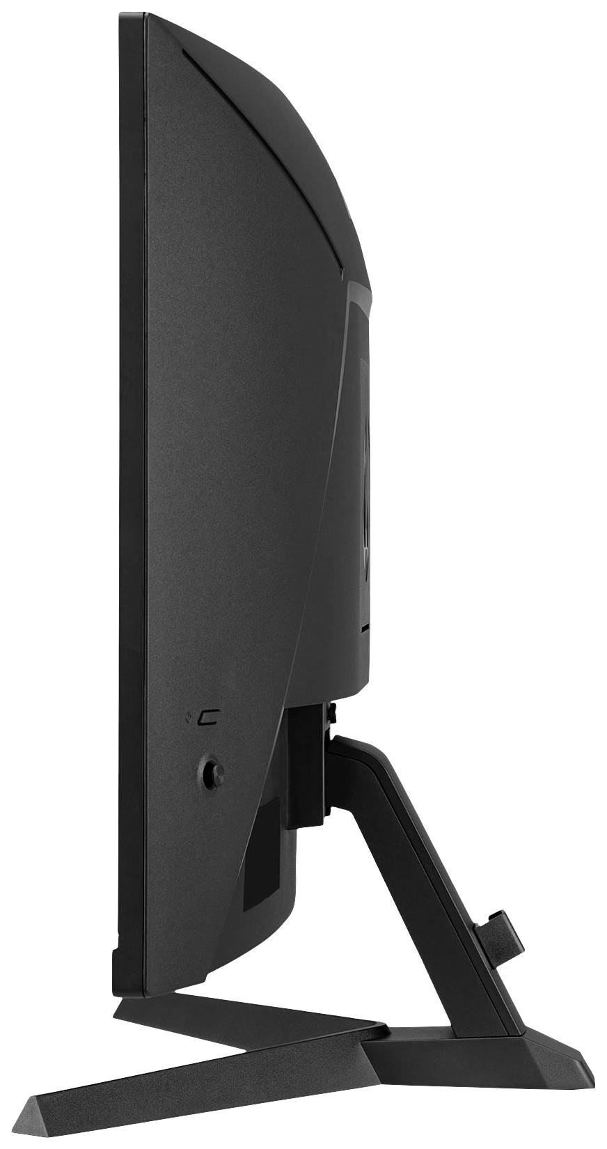 Widok z boku smukłego, czarnego monitora komputerowego ze współczesną podstawą.
