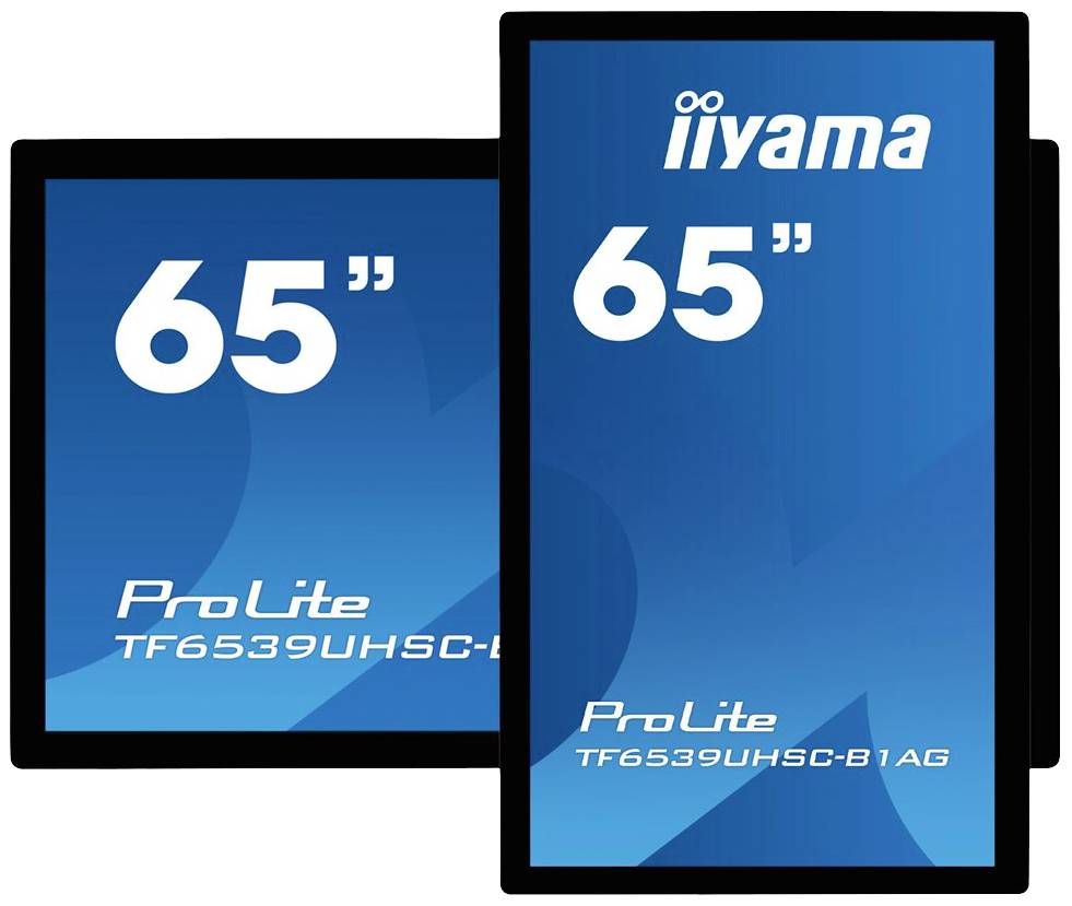 Dwa niebieskie ekrany w różnych ustawieniach wyświetlają napis '65"', nazwę marki 'iiyama' oraz model 'ProLite TF6539UHSC-B1AG'.