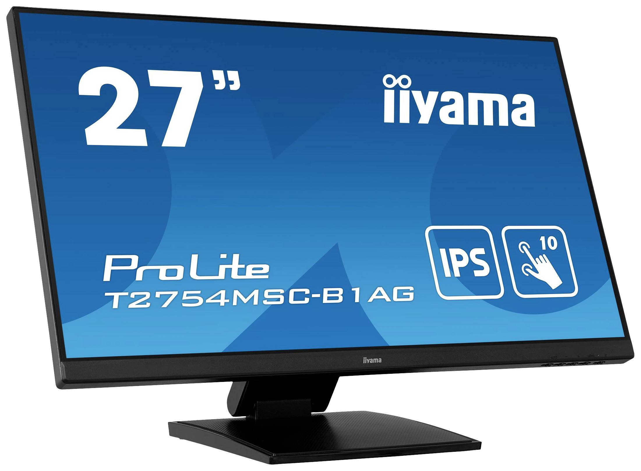 27-calowy monitor iiyama ProLite T2754MSC-B1AG, technologia IPS, ekran dotykowy 10-punktowy, czarna obudowa, wyświetlacz ułożony poziomo.