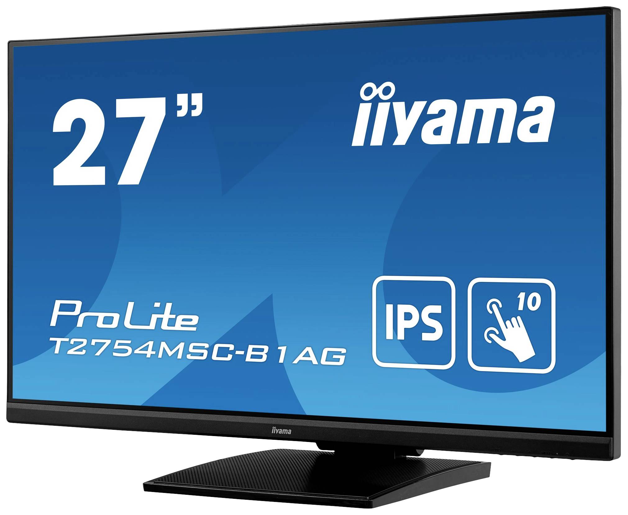 Monitor o przekątnej 27 cali, logo marki 'iiyama', model 'ProLite T2754MSC-B1AG'. Panel IPS z funkcją dotykową.