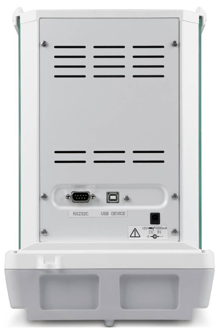 Tylna strona urządzenia elektronicznego z otworami wentylacyjnymi i złączami: RS232C, USB DEVICE oraz złączem zasilania 12V/1000mA.