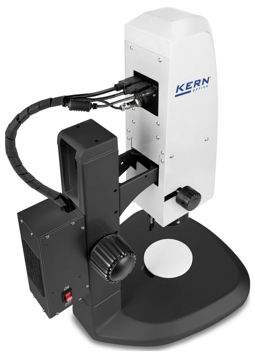 Cyfrowy mikroskop z źródłem światła i kamerą, przeznaczony do powiększania i analizy drobnych szczegółów w zastosowaniach laboratoryjnych.