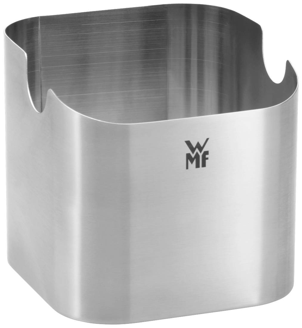 Metalowy wiaderko ze stali nierdzewnej z wygiętą krawędzią i logo 'WMF'. Odpowiedni do użytku w kuchni lub na stole.