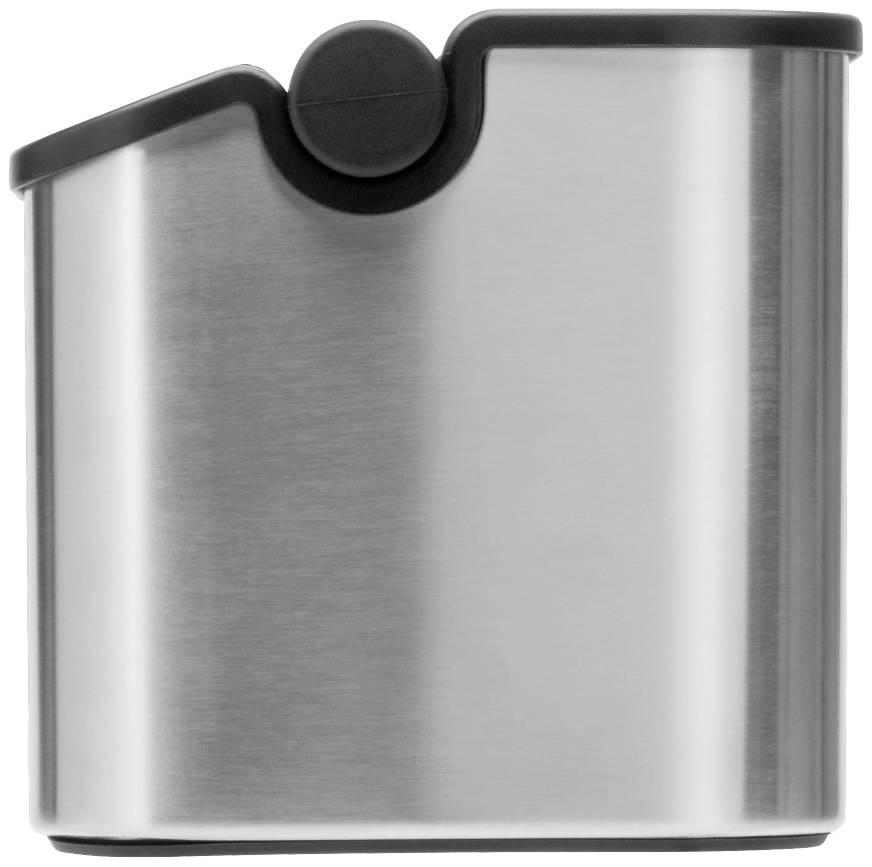 Srebrny, prostokątny pojemnik z czarną obwódką i zaokrągloną górą, typowo używany jako kosz na fusy po kawie.