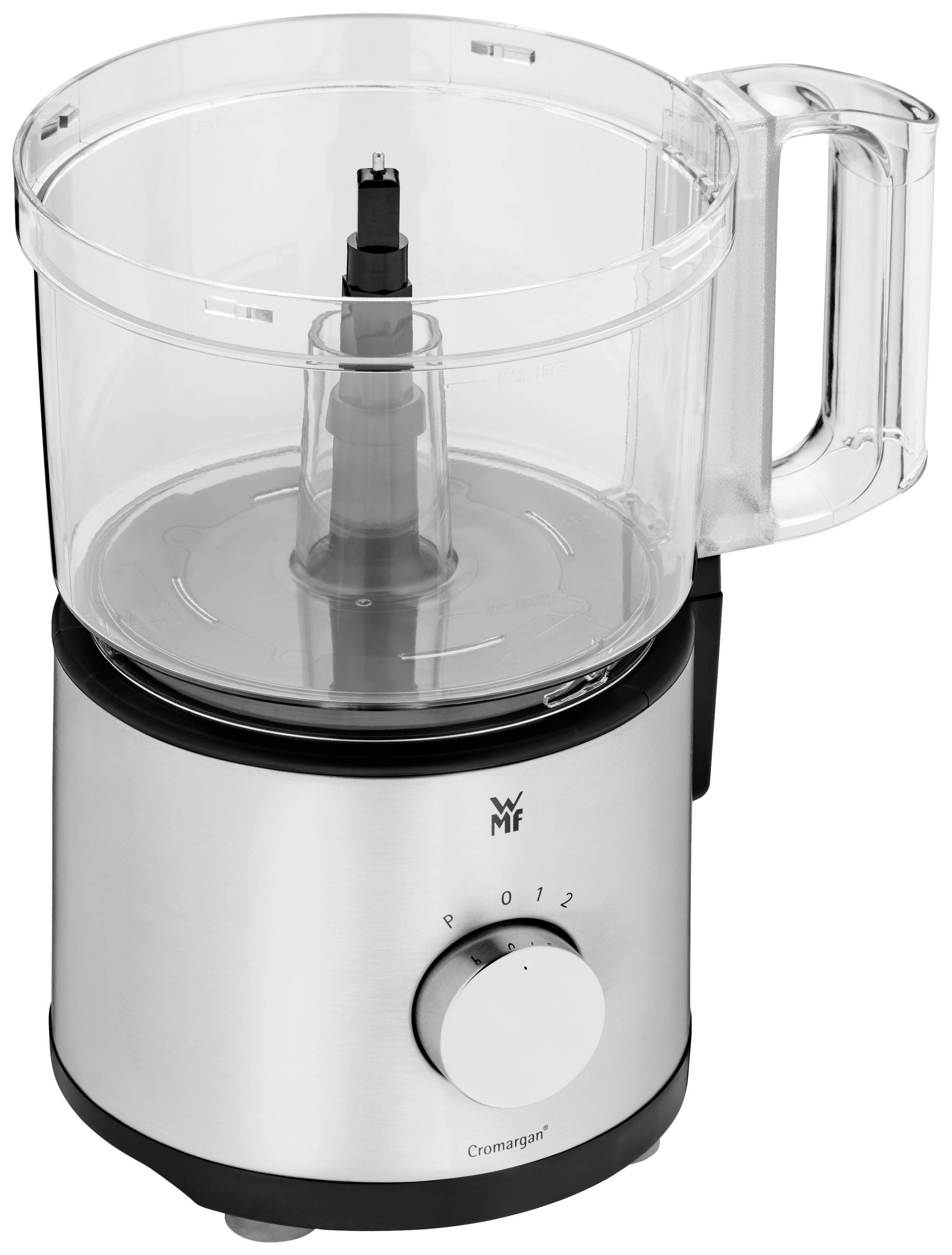 Srebrny blender stojący z czarnym akcentem, przezroczystym pojemnikiem i dużym pokrętłem z przodu.