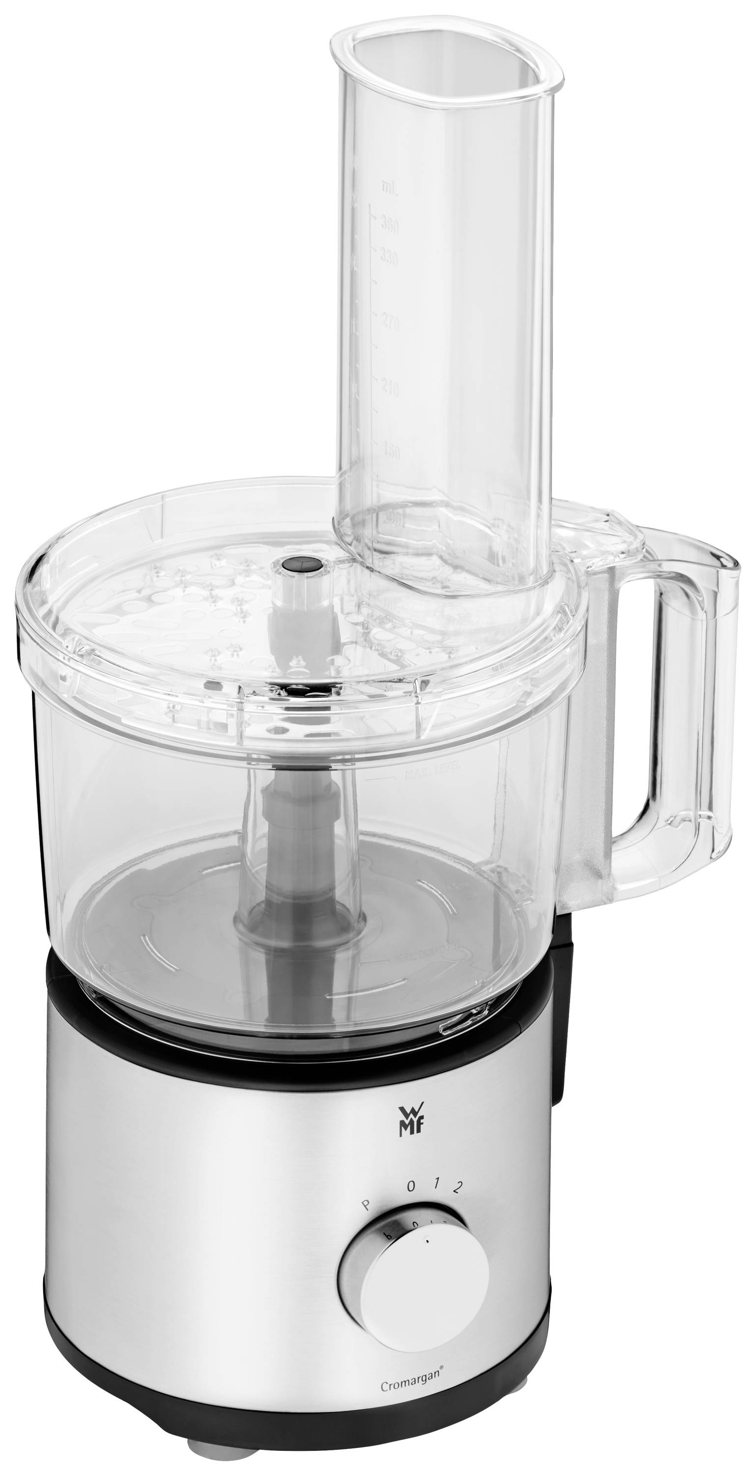 Metalowy robot kuchenny z przezroczystym pojemnikiem i pokrywką. Przycisk sterujący z przodu; otwór zasypowy na górze.