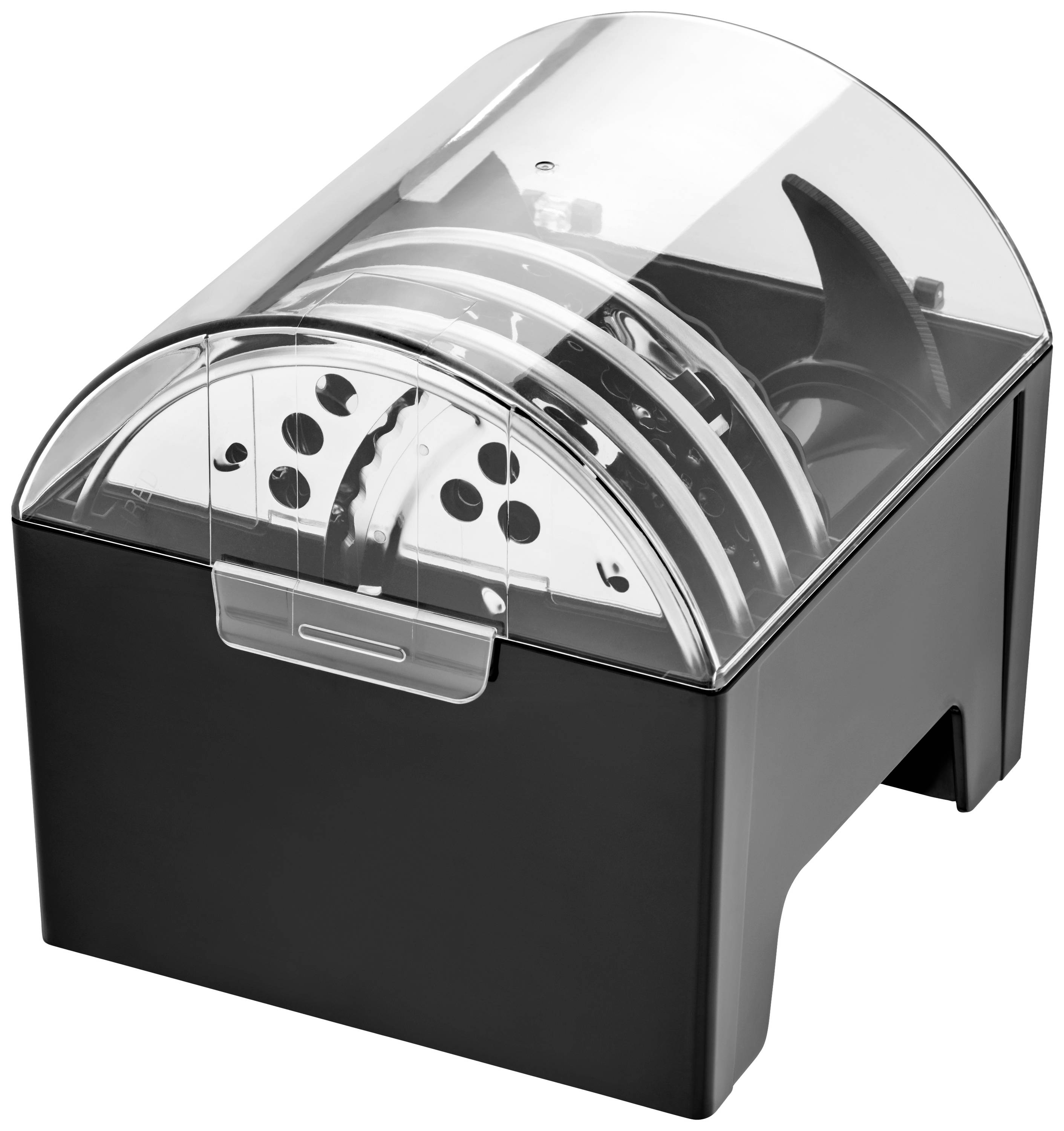 Czarny blok na noże z przezroczystą pokrywą, bezpiecznie przechowujący kilka srebrnych noży.