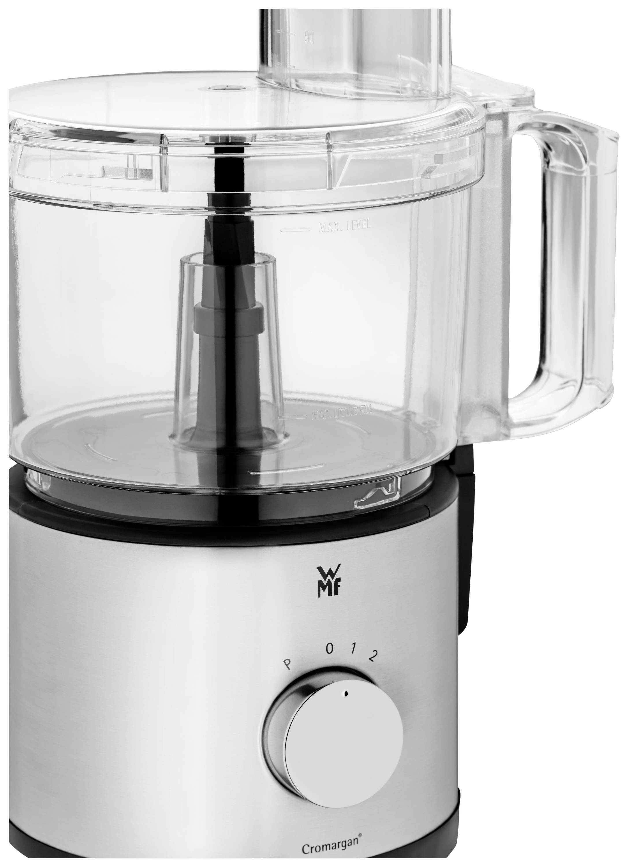 Srebrny robot kuchenny z przezroczystym pojemnikiem i pokrętłem do wyboru ustawień między 'P', '0', '1', '2'. Oznaczenie 'Cromargan'.