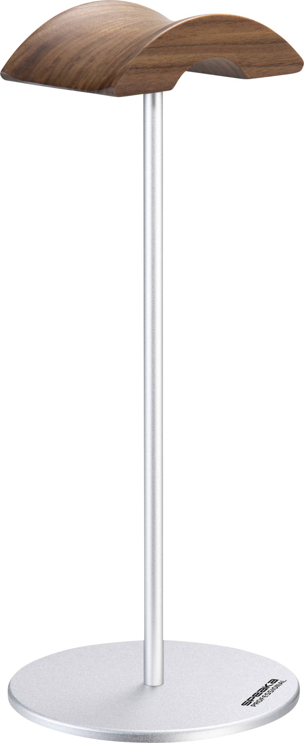 Nowoczesny stojak na słuchawki z drewna i metalu z okrągłą podstawą i wygiętym drewnianym łukiem jako powierzchnią do zawieszenia, stojący pionowo.