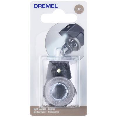 Opakowanie modułu świetlnego Dremel o numerze modelu LM1. Prezentuje produkt wraz z ilustracją zastosowania modułu.