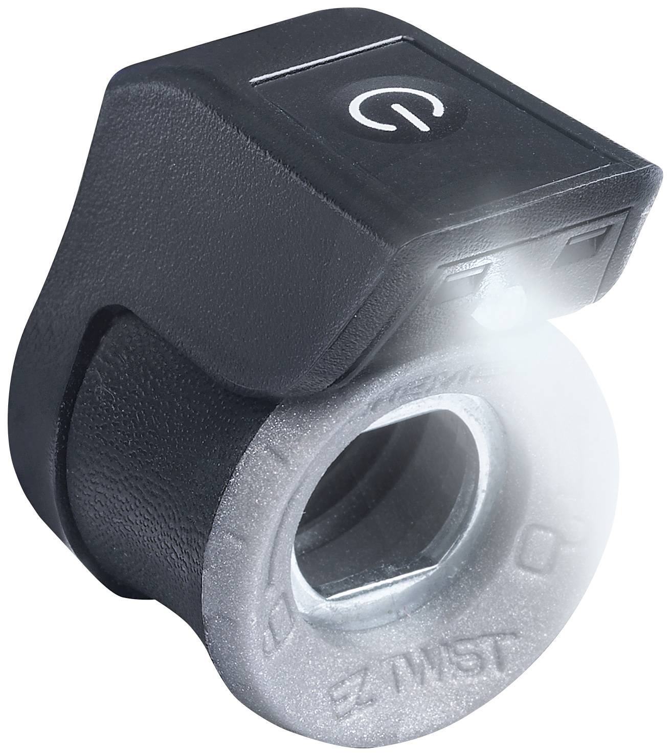 Czarny, kwadratowy przełącznik z świecącym białym symbolem znajduje się na szarym, żeberkowanym pierścieniu, który służy jako podstawa.