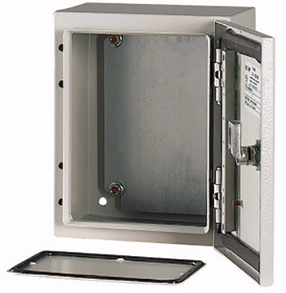 Otwarty metalowy pojemnik bez przykrycia ukazuje puste wnętrze oraz zawiasy umieszczone po bokach.