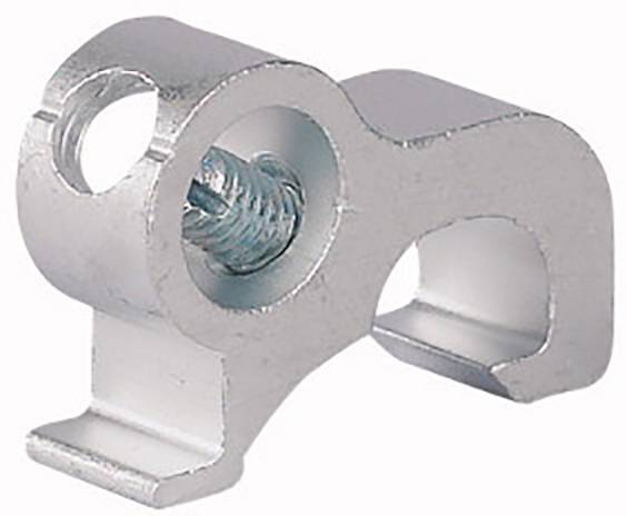 Metalowy element z cylindrycznym otworem i bocznym rowkiem, prawdopodobnie przeznaczony do mocowania śrub lub połączeń.