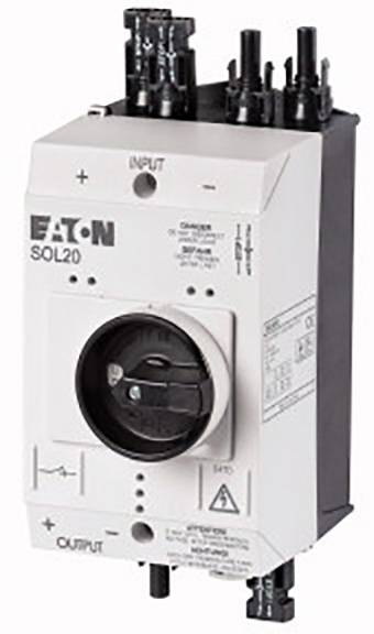 Biały elektryczny przełącznik z oznaczeniem EATON-SOL20, wyposażony w kilka złączy i centralny pokrętło, stosowany w instalacjach solarnych.