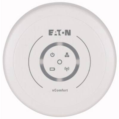 Urządzenie sterujące marki Eaton z napisem 'xComfort', wyświetlające symbole zasilania, siły sygnału i połączenia sieciowego.
