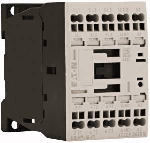 Stycznik firmy Eaton, typ DILM9-10(PKZ0)-PI, z widocznymi zaciskami i oznaczeniami na przedniej stronie.